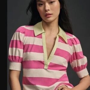Maeve Anthropologie puff sleeve rugby Pink/White stripe polo top Green Collar XS